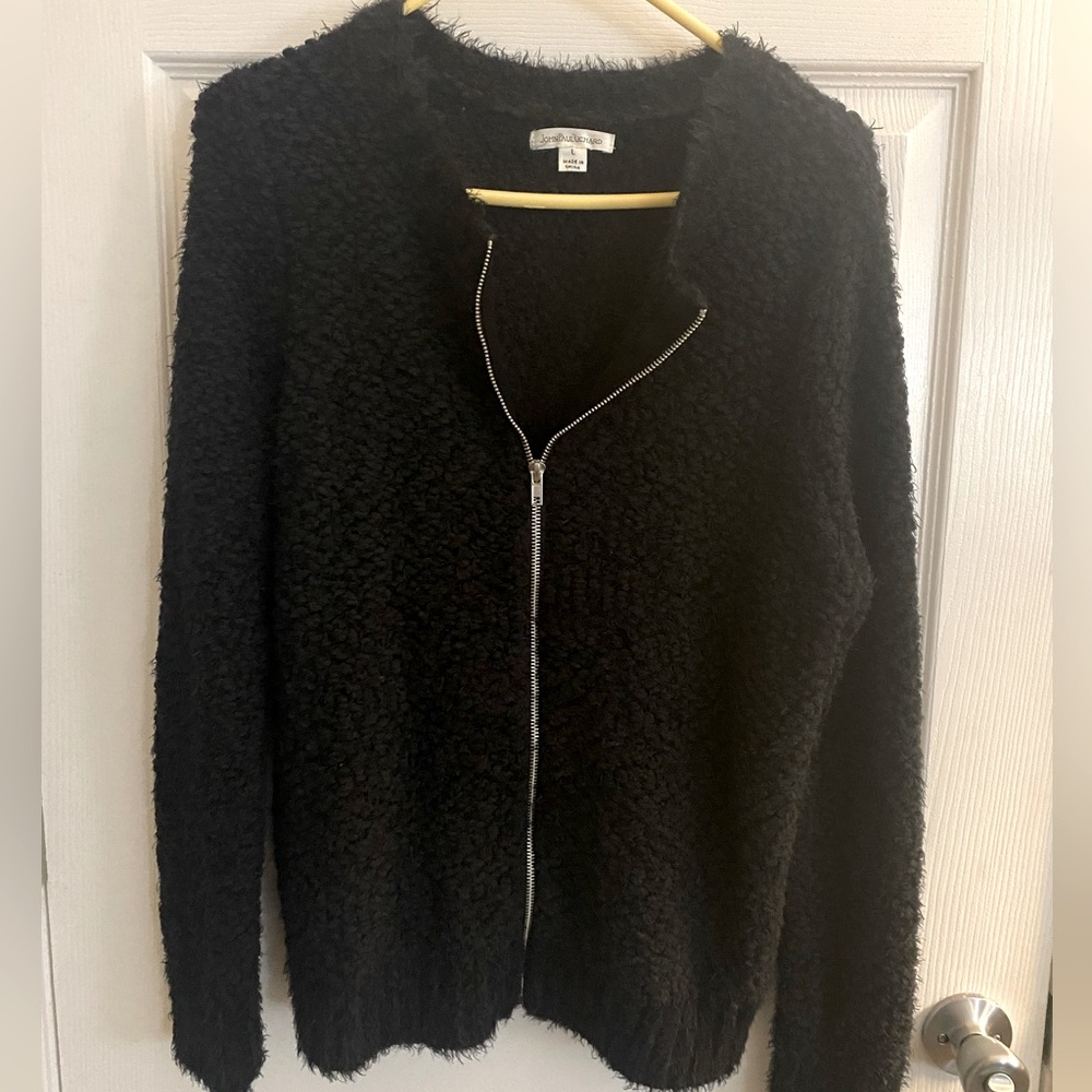 Fuzzy soft zip up sweater BLACK